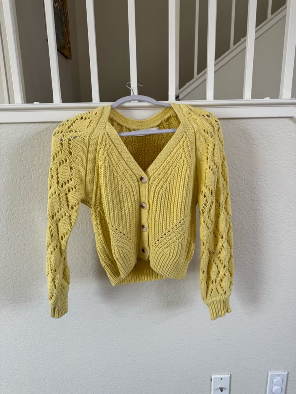ASTR The Label Pale Yellow Crochet-Detail Button Cardigan